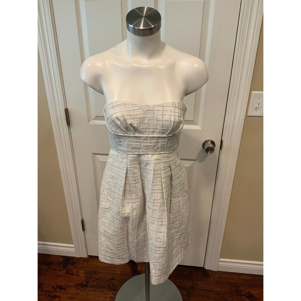 BCBG Max Azria White & Silver Plaid Strapless Mini Dress, Size 2